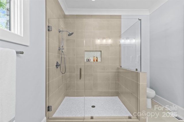 5638 Timber Ln, Charlotte, NC 28270 - full bathroom featuring a stall shower, toilet, baseboards, and crown molding