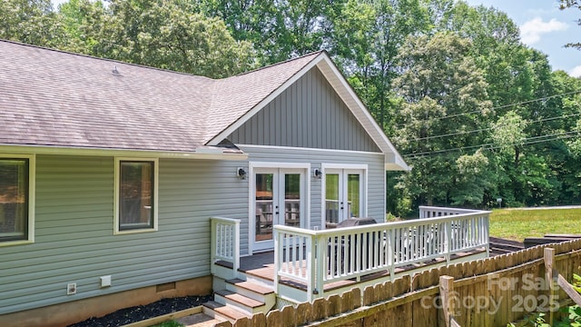 100 Donna Dr, Franklin, NC 28734 - rear view of house featuring board and batten siding, a wooden deck, french doors, and roof with shingles