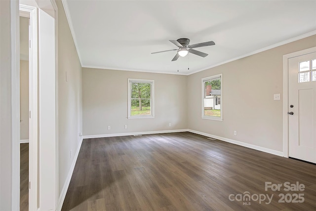 240 Swink Ave, Salisbury, NC 28147 - unfurnished room with a ceiling fan, crown molding, baseboards, and dark wood finished floors