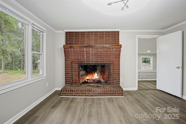 240 Swink Ave, Salisbury, NC 28147 - unfurnished living room featuring wood finished floors, ornamental molding, baseboards, and a fireplace