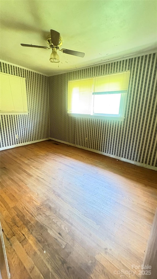 1073 Springdale Dr, Maiden, NC 28650 - empty room with plenty of natural light, wood finished floors, ceiling fan, and wallpapered walls