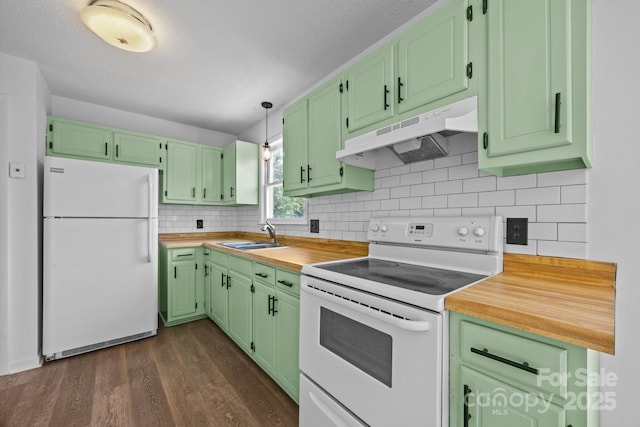 520 Forest St, Mars Hill, NC 28754 - kitchen featuring white appliances, under cabinet range hood, a sink, butcher block counters, and dark wood-type flooring