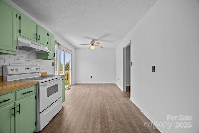 520 Forest St, Mars Hill, NC 28754 - kitchen with under cabinet range hood, white range with electric stovetop, green cabinetry, dark wood-style floors, and a textured ceiling