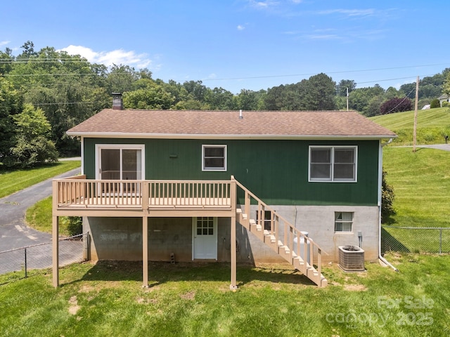 520 Forest St, Mars Hill, NC 28754 - back of property with stairway, a deck, cooling unit, and a shingled roof