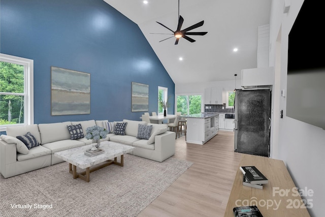 516 N Mulberry St, Cherryville, NC 28021 - living room featuring high vaulted ceiling, a ceiling fan, light wood-type flooring, and recessed lighting