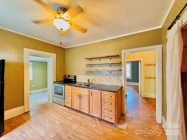 602 Brookshire St, Asheville, NC 28803 - kitchen featuring stainless steel electric range, a sink, dark countertops, light wood-style flooring, and open shelves