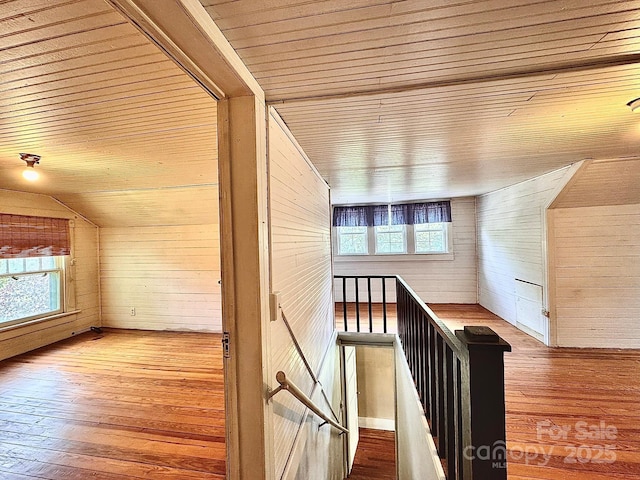 602 Brookshire St, Asheville, NC 28803 - stairway with wooden ceiling, wood walls, wood-type flooring, healthy amount of natural light, and vaulted ceiling