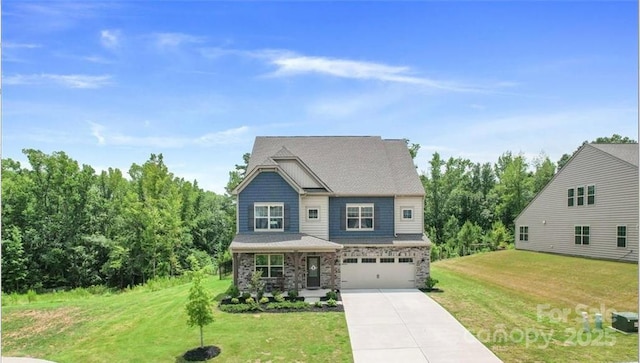 2009 Trindle Vine Ln, Waxhaw, NC 28173 - craftsman-style home with an attached garage, driveway, a front yard, and stone siding