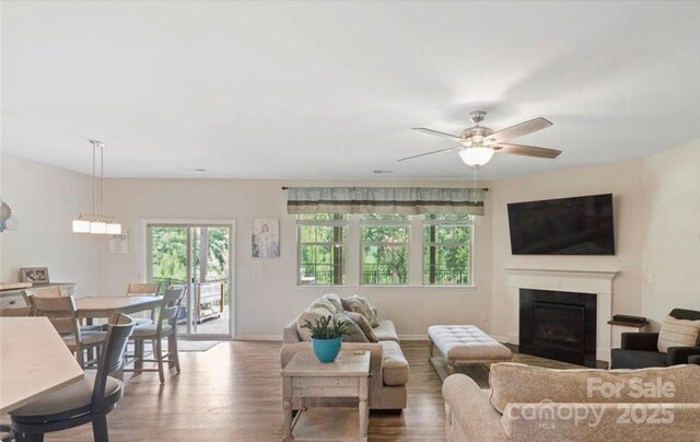 2009 Trindle Vine Ln, Waxhaw, NC 28173 - living area with wood finished floors, a fireplace, a ceiling fan, and baseboards