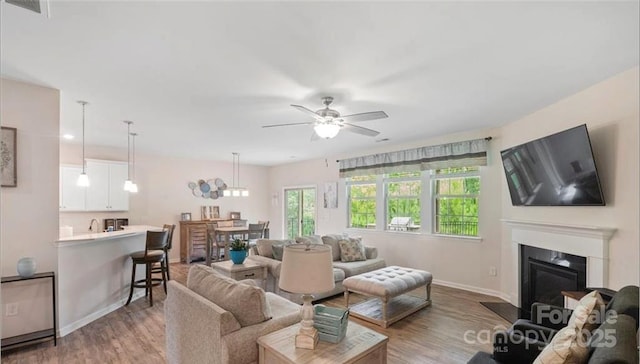 2009 Trindle Vine Ln, Waxhaw, NC 28173 - living room featuring wood finished floors, a fireplace with flush hearth, a ceiling fan, and baseboards