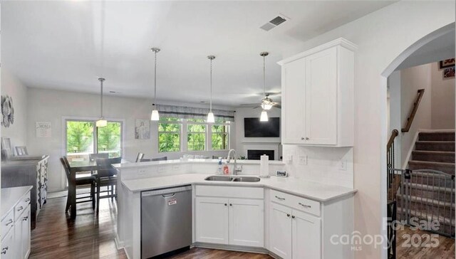 2009 Trindle Vine Ln, Waxhaw, NC 28173 - kitchen with stainless steel dishwasher, a sink, a ceiling fan, a peninsula, and light countertops