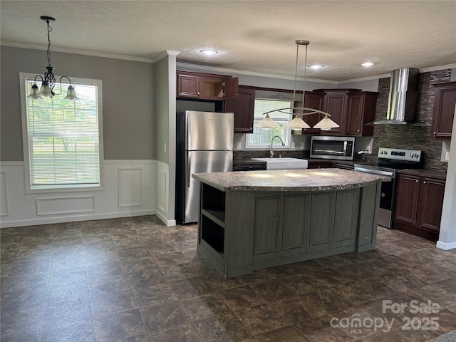 1555 Moore Rd, York, SC 29745 - kitchen featuring wall chimney range hood, stainless steel appliances, a sink, open shelves, and a center island