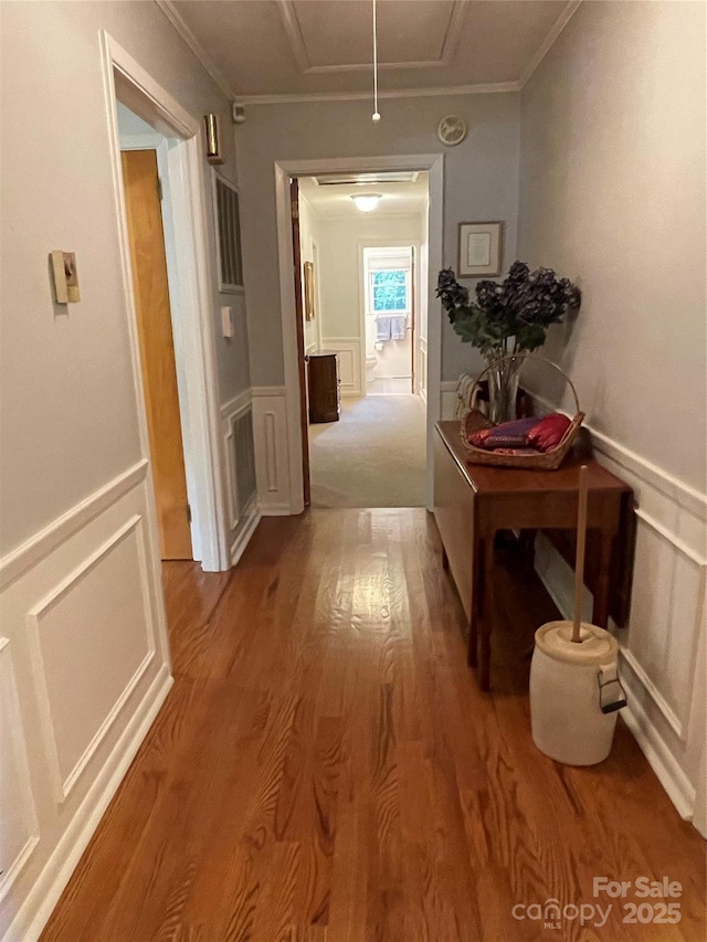 103 Boyd Dr, Stanley, NC 28164 - corridor with attic access, crown molding, wood finished floors, wainscoting, and a decorative wall