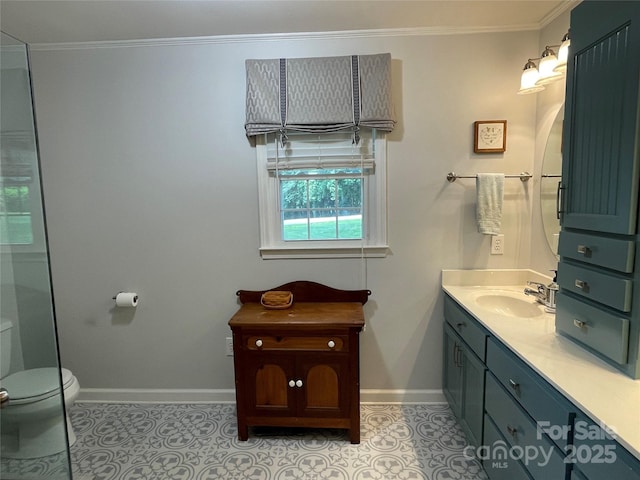 103 Boyd Dr, Stanley, NC 28164 - full bath featuring toilet, baseboards, vanity, crown molding, and tile patterned flooring