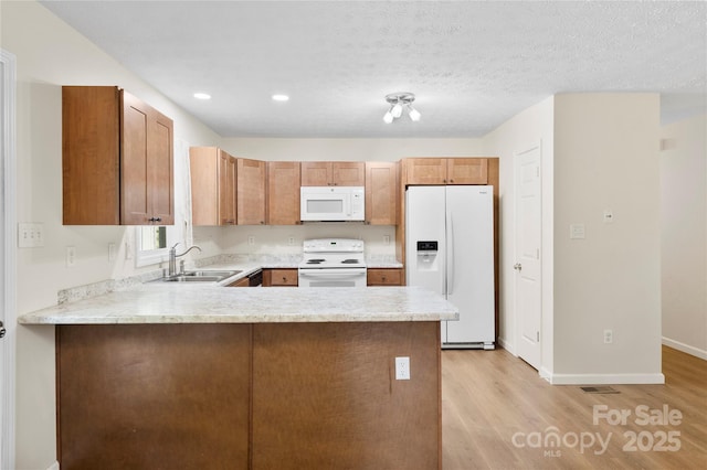 55 Gilbert B Crook Rd, Candler, NC 28715 - kitchen featuring white appliances, light wood-type flooring, light countertops, a peninsula, and recessed lighting