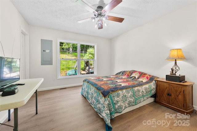 55 Gilbert B Crook Rd, Candler, NC 28715 - bedroom featuring electric panel, light wood-style flooring, a textured ceiling, and ceiling fan