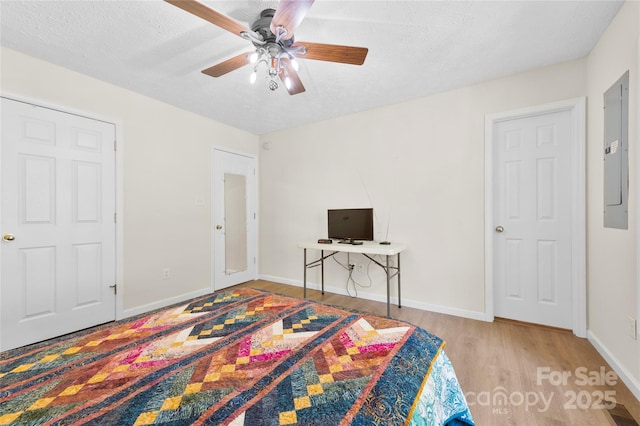 55 Gilbert B Crook Rd, Candler, NC 28715 - bedroom featuring wood finished floors, electric panel, a textured ceiling, and ceiling fan