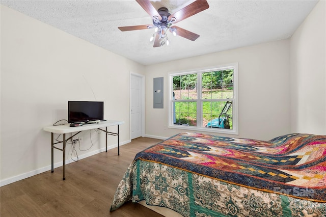 55 Gilbert B Crook Rd, Candler, NC 28715 - bedroom featuring wood finished floors, electric panel, a textured ceiling, and a ceiling fan