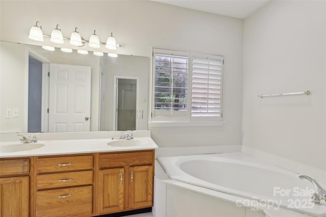 2321 Oberwood Dr, Charlotte, NC 28270 - bathroom featuring a garden tub, double vanity, and a shower