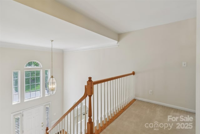 2321 Oberwood Dr, Charlotte, NC 28270 - hall featuring carpet, a chandelier, an upstairs landing, and crown molding