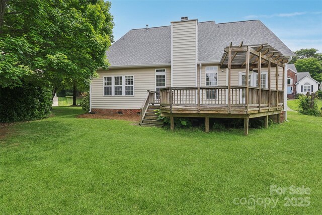 2321 Oberwood Dr, Charlotte, NC 28270 - rear view of property featuring a pergola, a yard, a shingled roof, and a wooden deck
