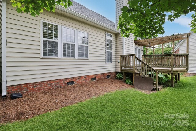 2321 Oberwood Dr, Charlotte, NC 28270 - view of property exterior with crawl space, a pergola, a lawn, a wooden deck, and a chimney