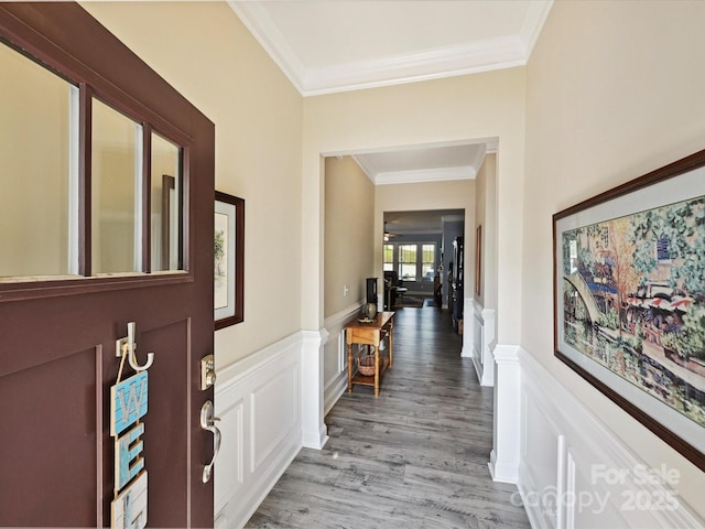 177 Yellow Birch Loop, Mooresville, NC 28117 - hall featuring crown molding, wood finished floors, wainscoting, and a decorative wall