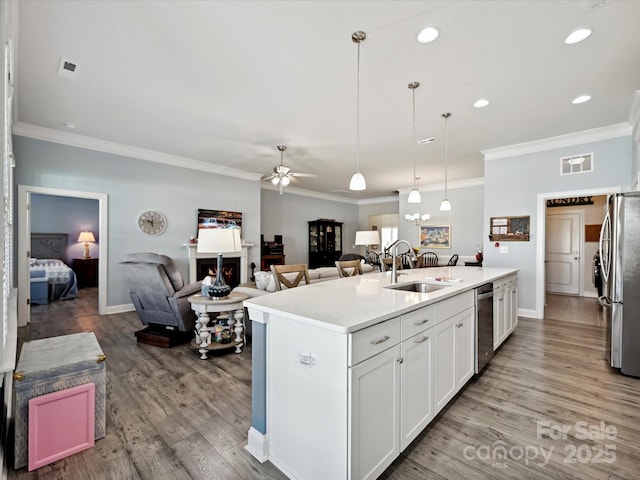 177 Yellow Birch Loop, Mooresville, NC 28117 - kitchen featuring a sink, stainless steel appliances, a warm lit fireplace, crown molding, and ceiling fan