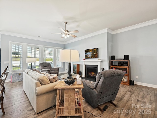 177 Yellow Birch Loop, Mooresville, NC 28117 - living area with baseboards, wood finished floors, crown molding, ceiling fan, and a lit fireplace