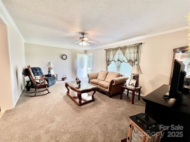1031 Daniel Dr, Stanley, NC 28164 - carpeted living area with crown molding, ceiling fan, and a textured ceiling