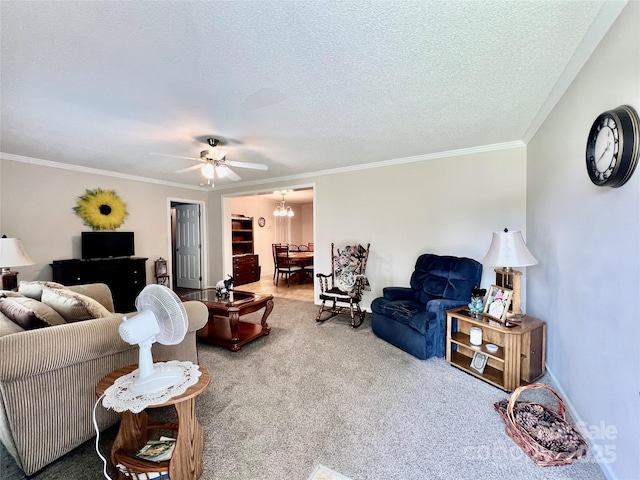 1031 Daniel Dr, Stanley, NC 28164 - carpeted living room with a ceiling fan, crown molding, a chandelier, a textured ceiling, and baseboards