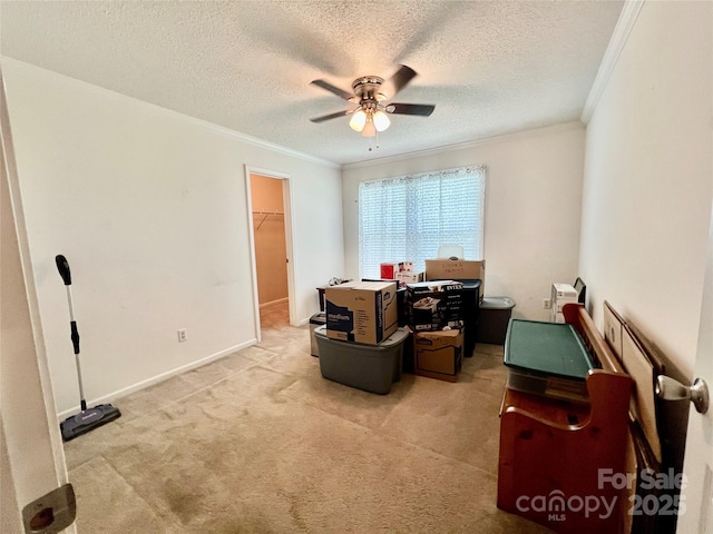 1031 Daniel Dr, Stanley, NC 28164 - office area with ornamental molding, ceiling fan, carpet, a textured ceiling, and baseboards