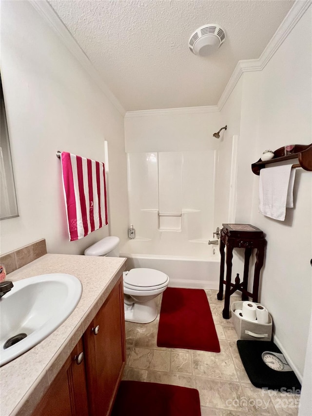 1031 Daniel Dr, Stanley, NC 28164 - full bathroom with vanity, a textured ceiling, ornamental molding, toilet, and shower / tub combination