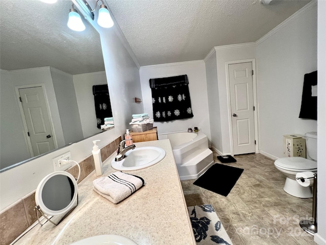 1031 Daniel Dr, Stanley, NC 28164 - full bathroom featuring double vanity, a garden tub, a textured ceiling, toilet, and baseboards