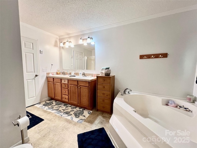 1031 Daniel Dr, Stanley, NC 28164 - full bath featuring a textured ceiling, ornamental molding, a bath, double vanity, and a shower