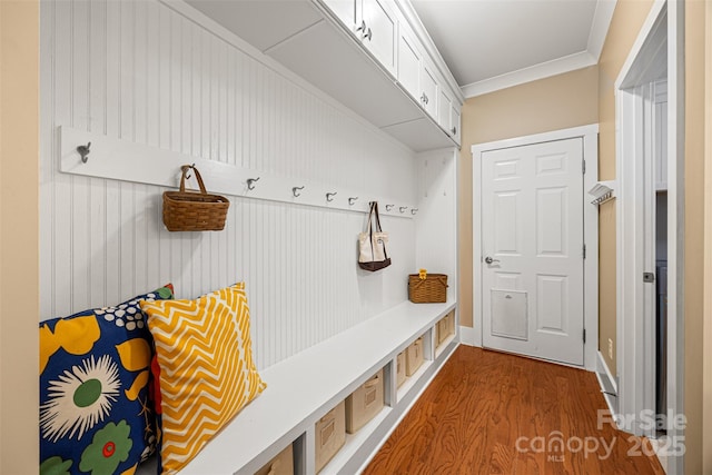 6422 Northern Red Oak Dr, Mint Hill, NC 28227 - mudroom featuring wood finished floors and crown molding