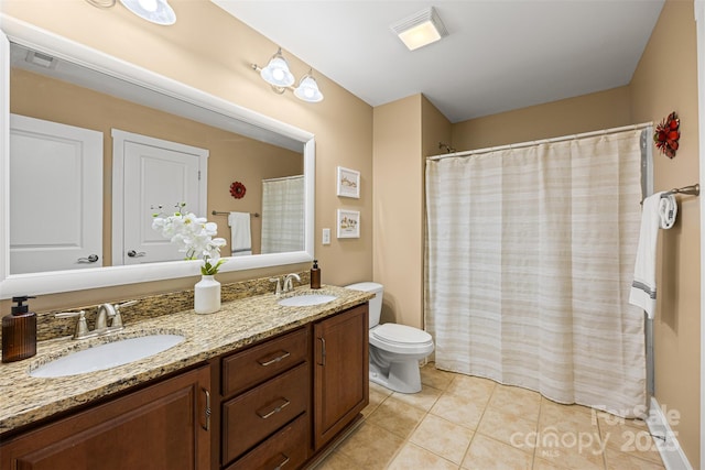 6422 Northern Red Oak Dr, Mint Hill, NC 28227 - bathroom featuring tile patterned floors, double vanity, and a shower with shower curtain