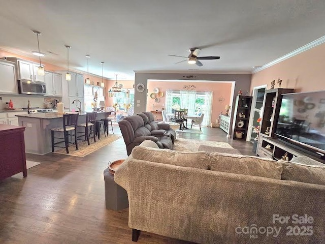 16115 Commodore Dr, Lancaster, SC 29720 - living area with ceiling fan, healthy amount of natural light, crown molding, and wood finished floors
