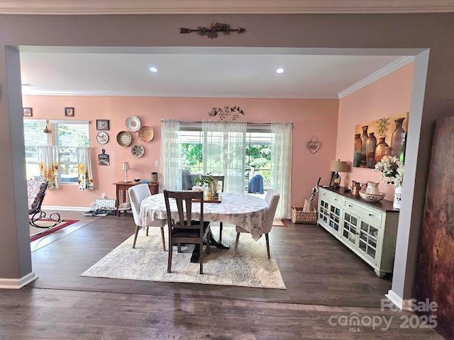 16115 Commodore Dr, Lancaster, SC 29720 - dining area with crown molding, dark wood-style floors, baseboards, and recessed lighting
