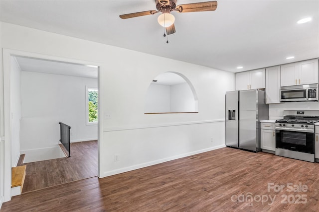 4980 Murray Rd, Winston Salem, NC 27106 - kitchen with stainless steel appliances, wood finished floors, ceiling fan, recessed lighting, and baseboards
