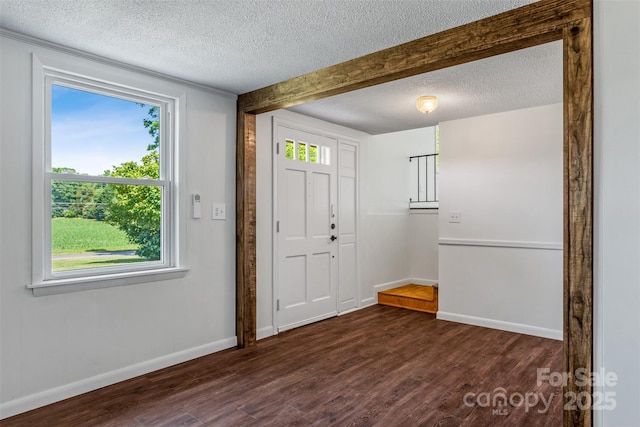 4980 Murray Rd, Winston Salem, NC 27106 - foyer entrance with a textured ceiling, dark wood-style floors, healthy amount of natural light, and baseboards