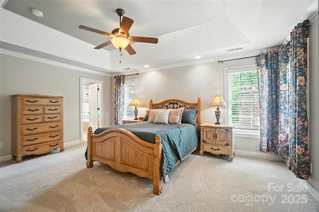 5916 Four Wood Dr, Matthews, NC 28104 - bedroom with a raised ceiling, light colored carpet, ceiling fan, connected bathroom, and recessed lighting
