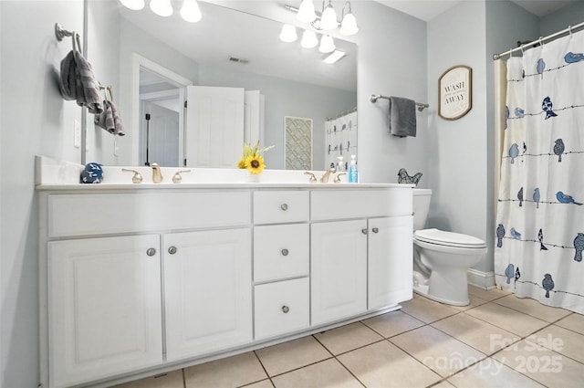 5916 Four Wood Dr, Matthews, NC 28104 - bathroom featuring double vanity, tile patterned floors, and a shower with shower curtain