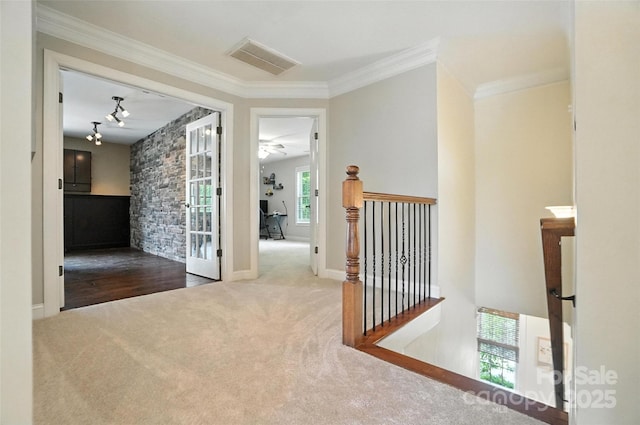 5916 Four Wood Dr, Matthews, NC 28104 - corridor with an upstairs landing, carpet flooring, and ornamental molding