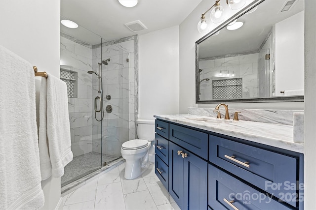 1038 SW Dr, Davidson, NC 28036 - full bath with marble finish floors, a shower stall, and vanity