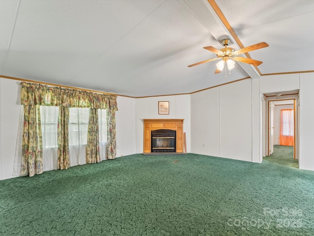 4591 Scott Rd, Morganton, NC 28655 - unfurnished living room with vaulted ceiling, carpet, a glass covered fireplace, a ceiling fan, and healthy amount of natural light