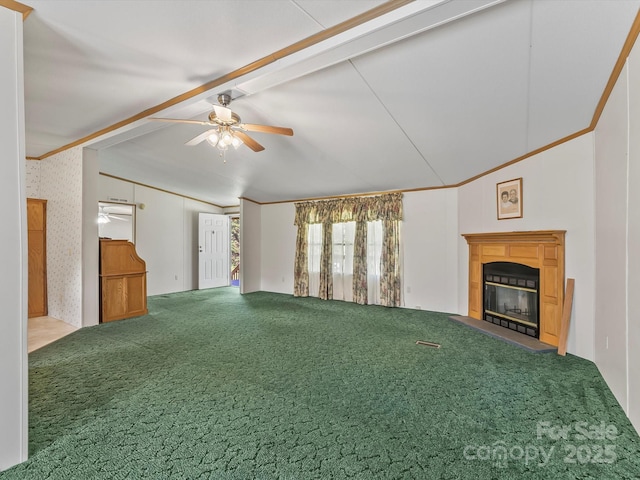 4591 Scott Rd, Morganton, NC 28655 - unfurnished living room featuring vaulted ceiling, a glass covered fireplace, a ceiling fan, carpet, and wallpapered walls