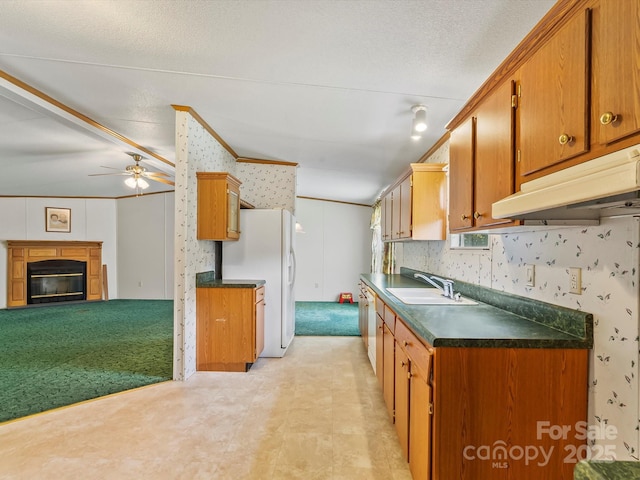 4591 Scott Rd, Morganton, NC 28655 - kitchen with a sink, white appliances, dark countertops, under cabinet range hood, and wallpapered walls