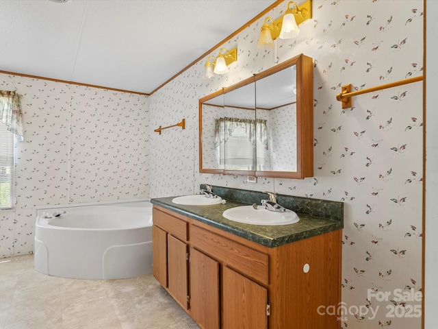 4591 Scott Rd, Morganton, NC 28655 - full bath featuring wallpapered walls, a bath, double vanity, ornamental molding, and tile patterned floors
