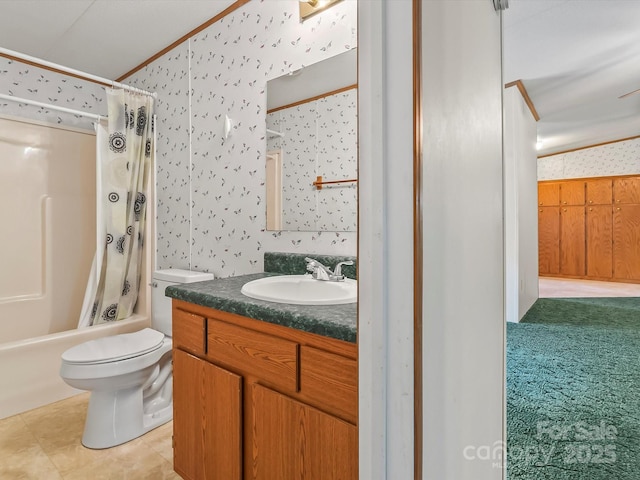 4591 Scott Rd, Morganton, NC 28655 - bathroom with toilet, wallpapered walls, vanity, shower / bath combination with curtain, and crown molding